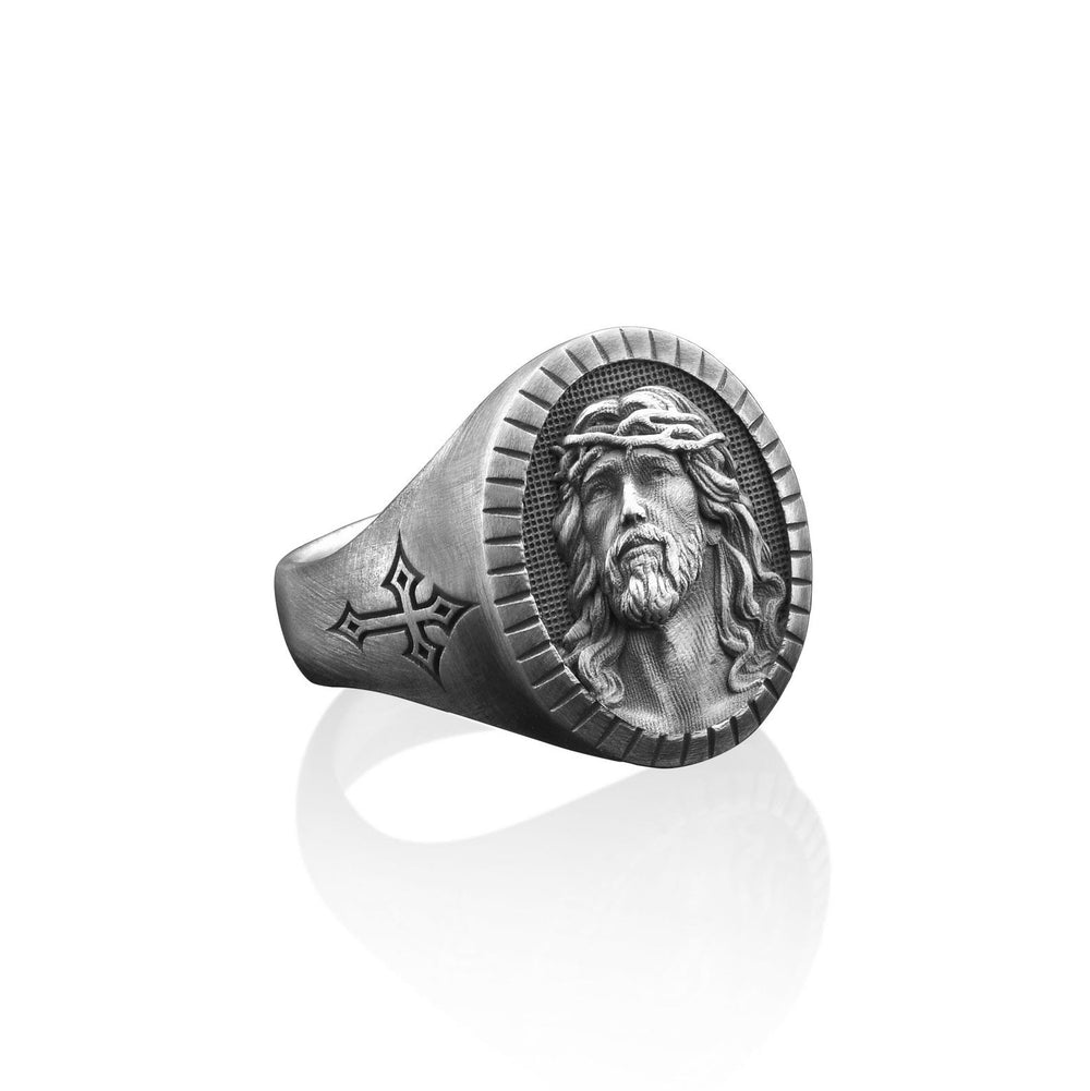 Anello di benedizione vintage con testa di Cristo Gesù e croce Christianartworkshop - image 1