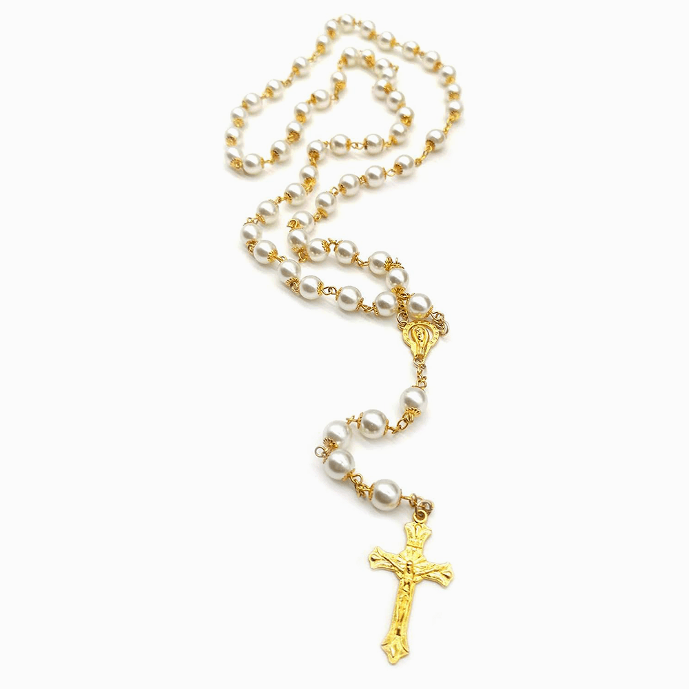 Rosario cattolico con perle bianche e benedizione - image 6