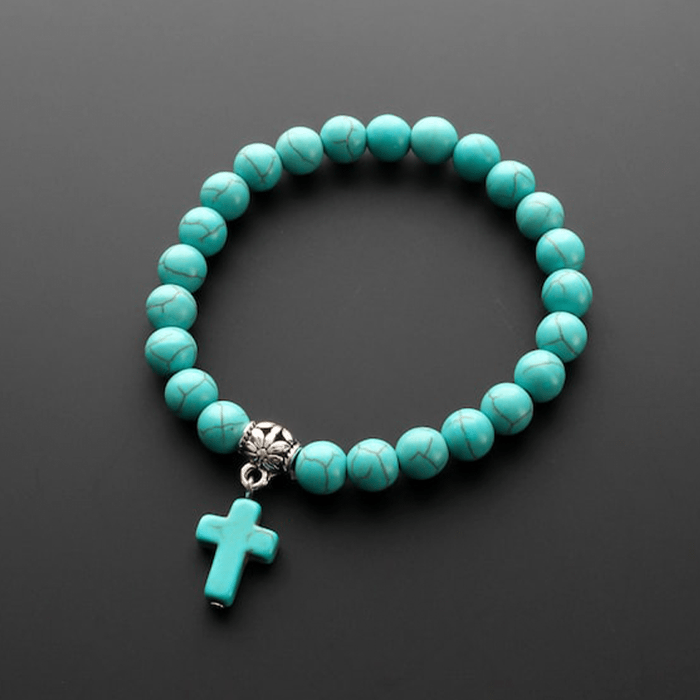 Bracciale con crocifisso in perline turchesi opache e satinate Christianartworkshop - image 1