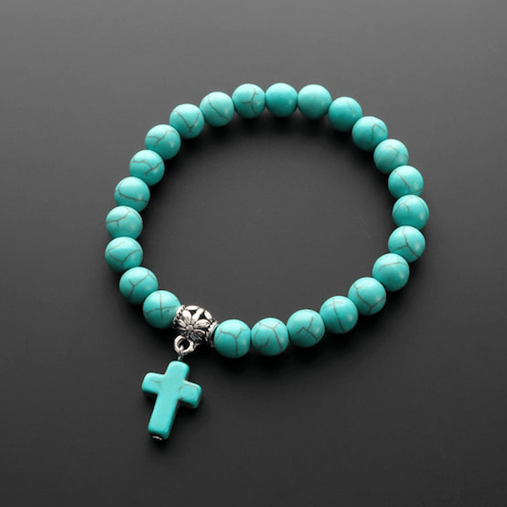 Bracciale con crocifisso in perline turchesi opache e satinate Christianartworkshop - image 1