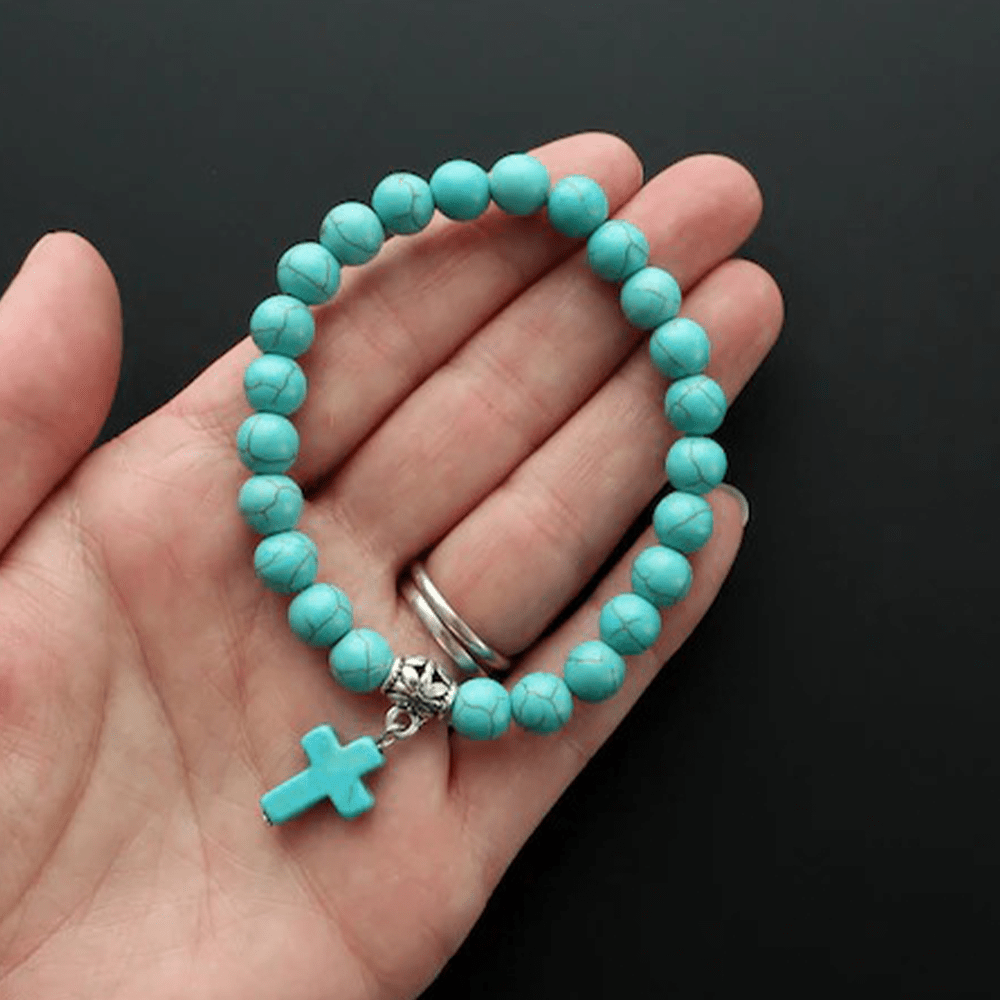 Bracciale con crocifisso in perline turchesi opache e satinate Christianartworkshop - image 2