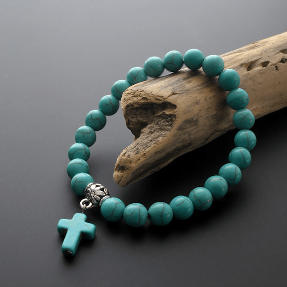 Bracciale con crocifisso in perline turchesi opache e satinate Christianartworkshop - Turchese satinato - image 0