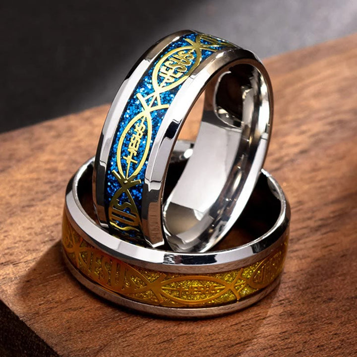 Anello rustico in acciaio inossidabile Christianartworkshop : "Gesù" in pesce - Blu - US 6 - image 0