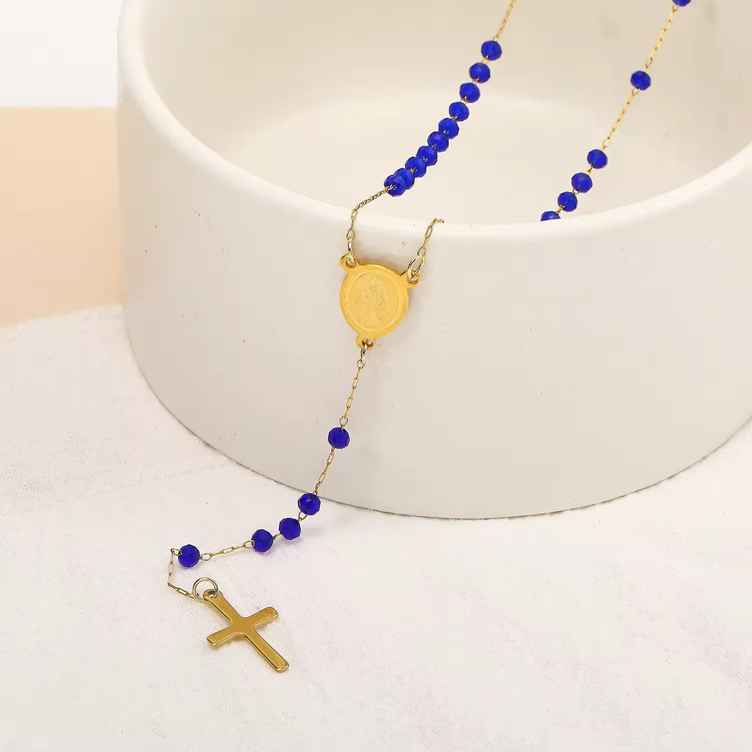 Christianartworkshop Collana con perle di vetro con ciondolo a croce e medaglia della Vergine Maria - image 2