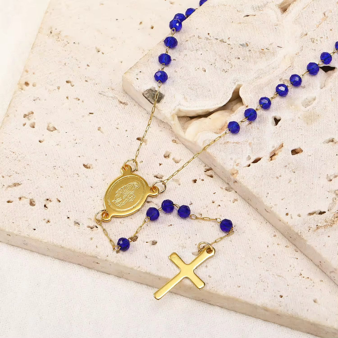 Christianartworkshop Collana con perle di vetro con ciondolo a croce e medaglia della Vergine Maria - Blu reale - image 0