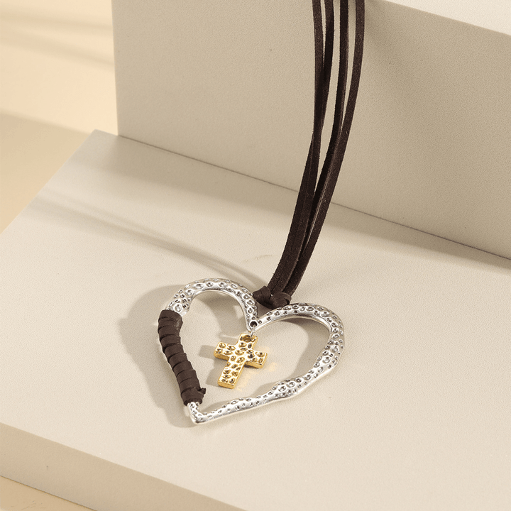 Collana con ciondolo a forma di croce a forma di cuore in lega - Nero - image 4