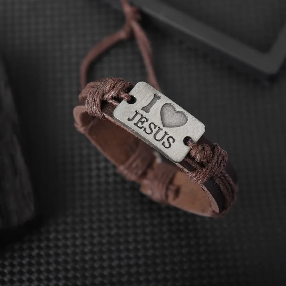 Christianartworkshop "I Love Jesus" Braccialetto regolabile in pelle con croce - Corda marrone - image 11
