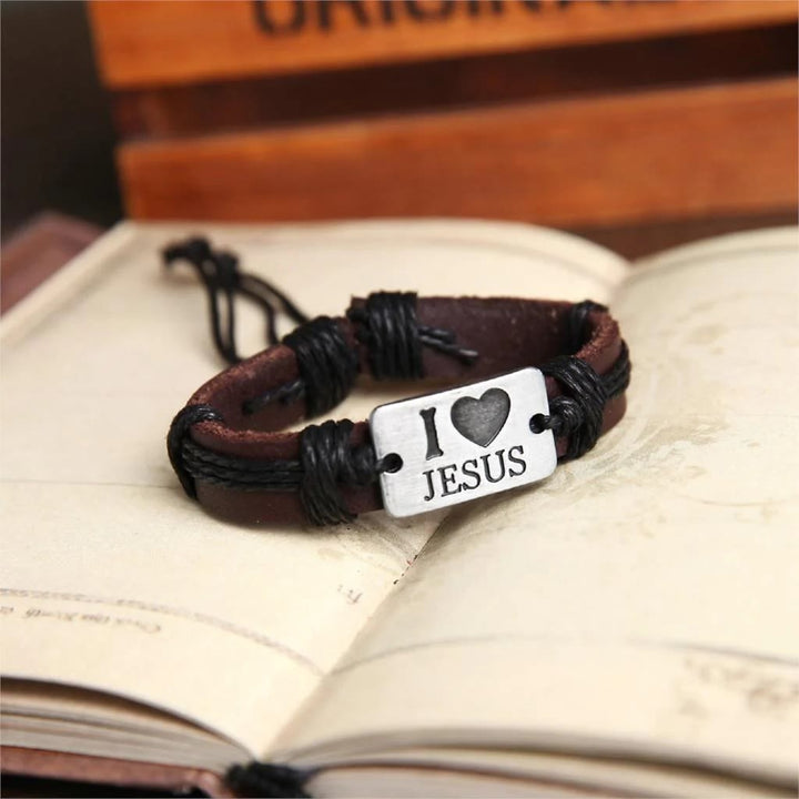 Christianartworkshop "I Love Jesus" Braccialetto regolabile in pelle con croce - Corda nera - image 4