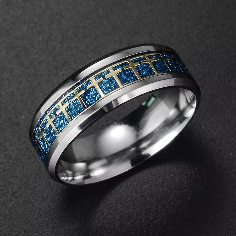Christianartworkshop Anello con croce di Gesù lucido, fascia religiosa, gioielli  - Blu - US 13 - image 6
