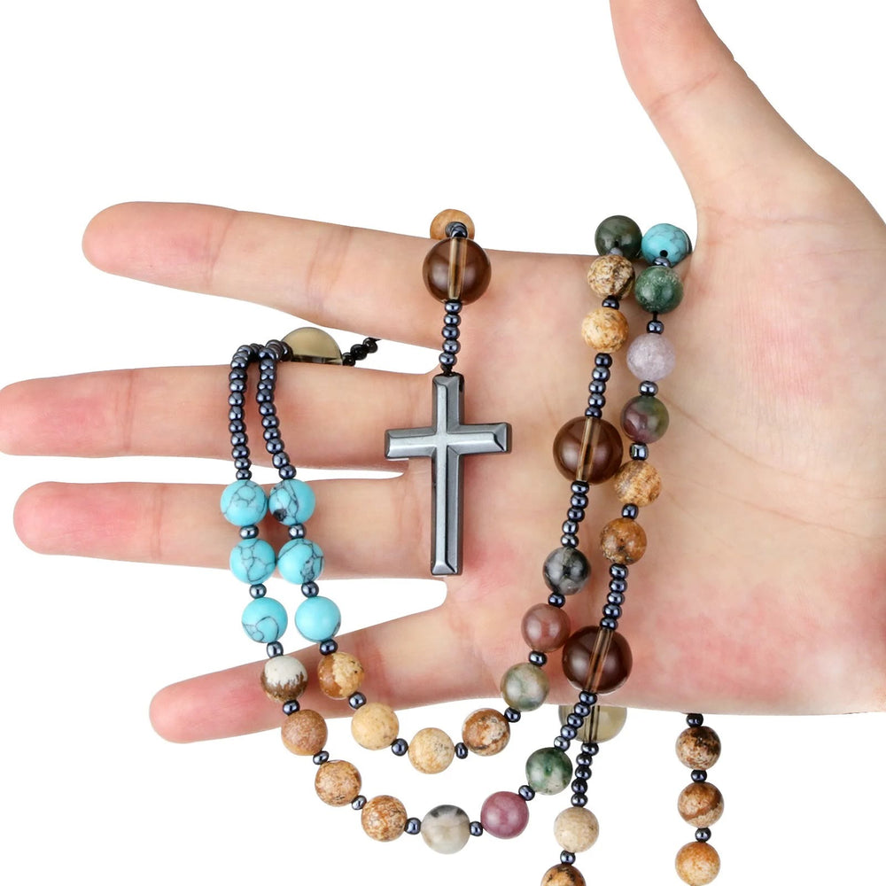 Croce di ematite, rosario cristiano religioso a sette pietre - image 1