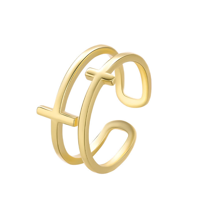 Christianartworkshop Anello minimalista con doppia croce - Regolabile (adatto per taglie USA 6-11) - Oro - image 0