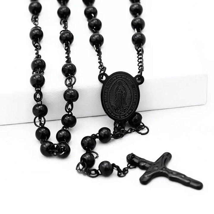 Rosario in acciaio inossidabile con perline nere - Vergine Maria - image 0