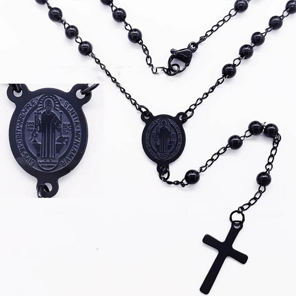 Rosario in acciaio inossidabile con perline nere - San Benedetto - image 2