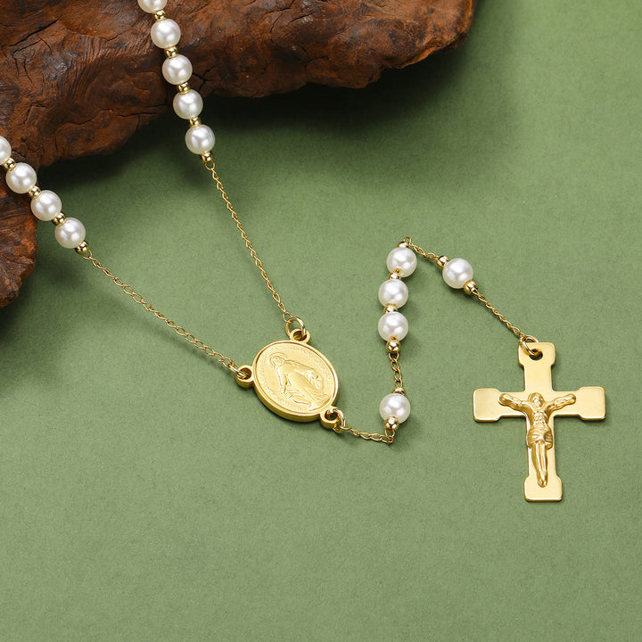 Rosario in acciaio inossidabile/perline di cristallo con crocifisso - Bianco perla - image 10