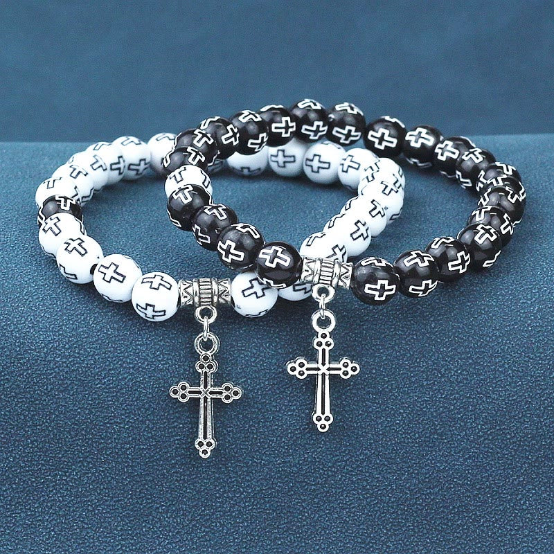 Bracciale con perline bianche e nere stampate a croce Christianartworkshop - Nero - image 0