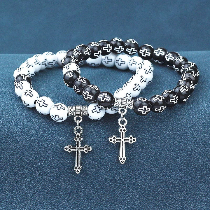 Bracciale con perline bianche e nere stampate a croce Christianartworkshop - Nero - image 0