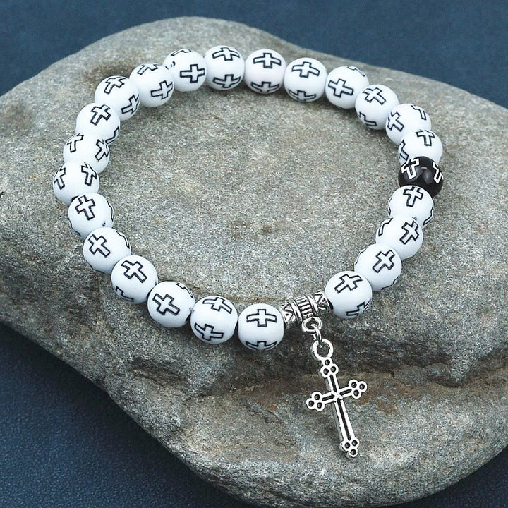 Bracciale con perline bianche e nere stampate a croce Christianartworkshop - Bianco - image 4