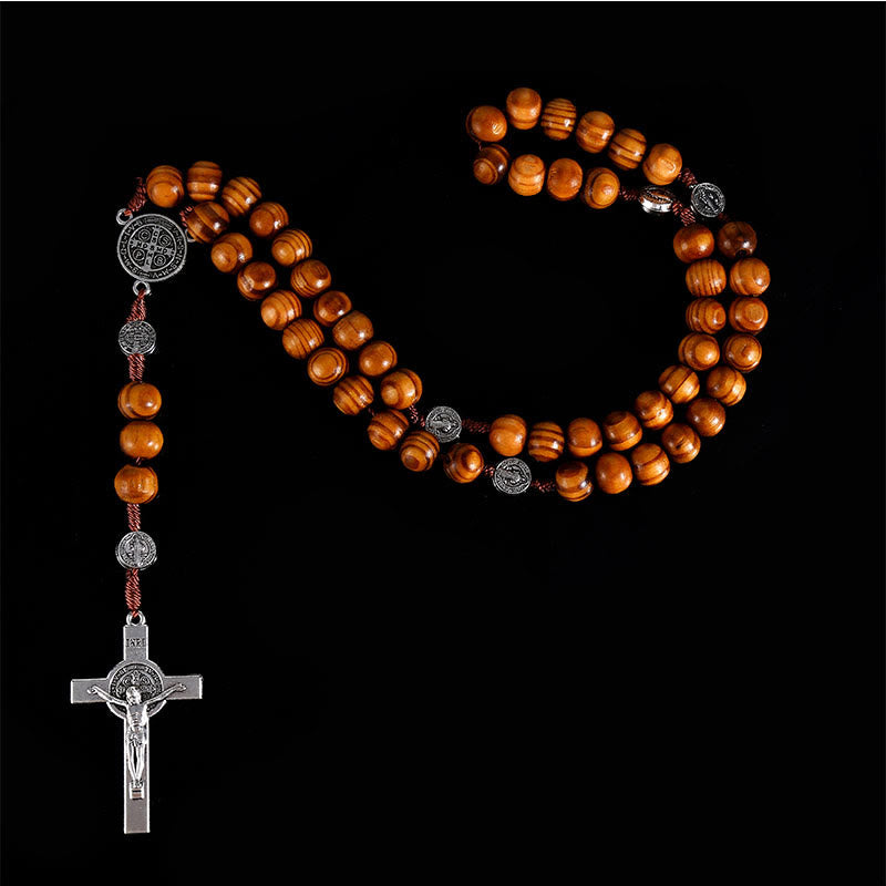 Rosario classico in legno con medaglia di San Benedetto e crocifisso - Marrone - image 0