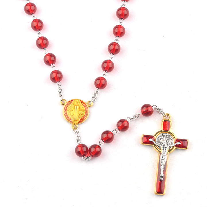 Rosario cattolico di San Benedetto con perline di vetro rosso e croce - image 1