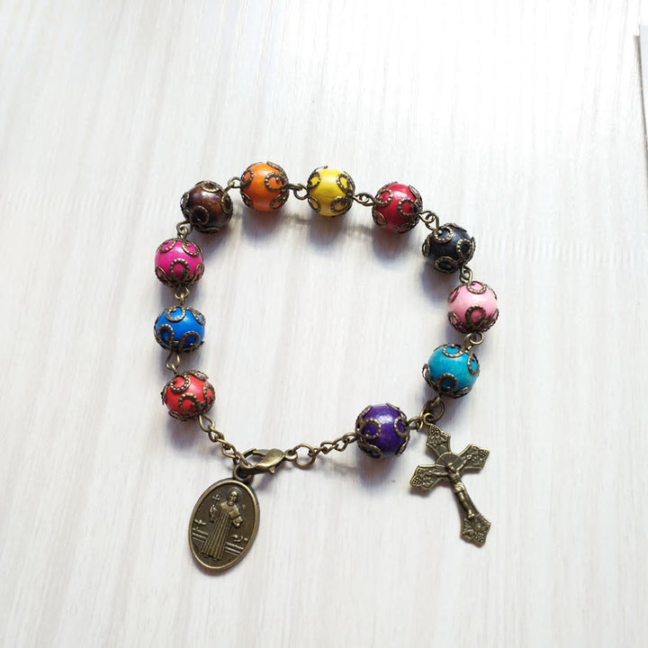 Christianartworkshop Bracciale in legno dai colori antichi con San Benedetto e Crocifisso - Perline colorate - image 0