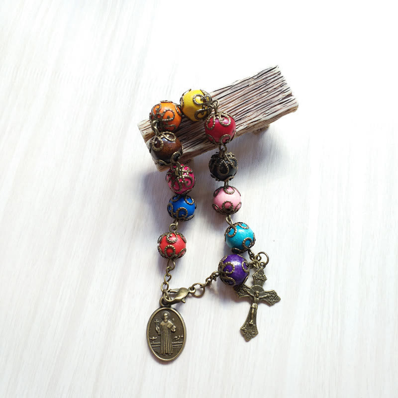 Christianartworkshop Bracciale in legno dai colori antichi con San Benedetto e Crocifisso - image 1