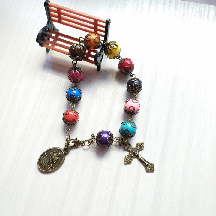 Christianartworkshop Bracciale in legno dai colori antichi con San Benedetto e Crocifisso - image 2