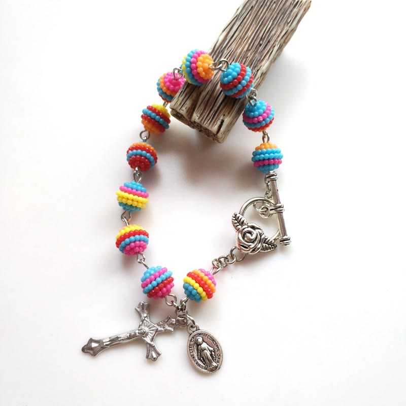 Christianartworkshop Bracciale da polso religioso con perline arcobaleno di Gesù e Maria - image 2