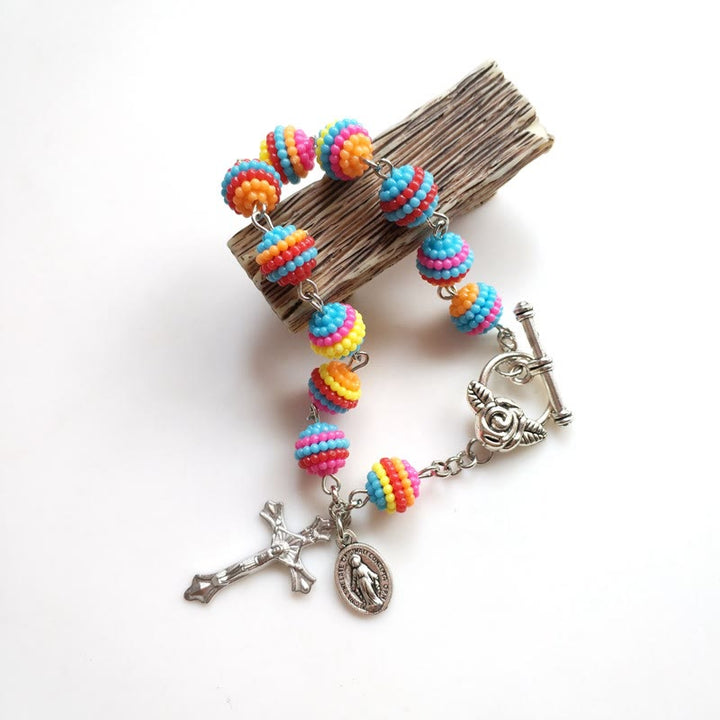 Christianartworkshop Bracciale da polso religioso con perline arcobaleno di Gesù e Maria - image 1