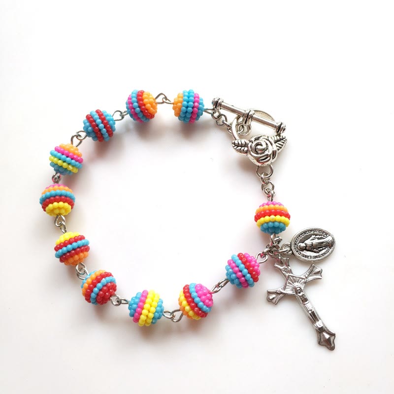 Christianartworkshop Bracciale da polso religioso con perline arcobaleno di Gesù e Maria - Perline arcobaleno (circonferenza 20 cm) - image 0