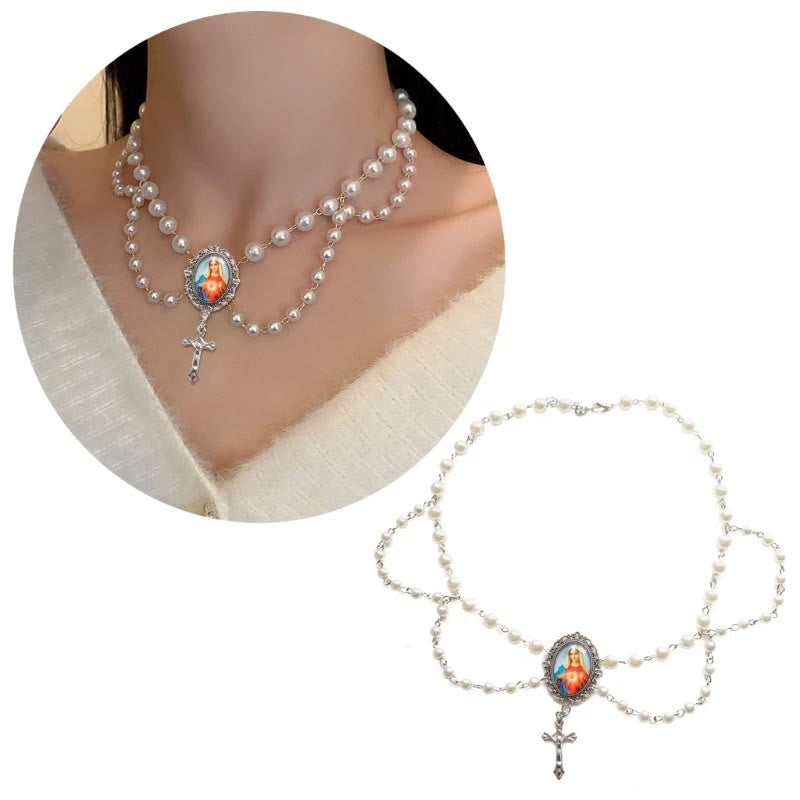 Christianartworkshop Ciondolo in vetro con immagine di Maria miracolosa e catena per clavicola in cristallo blu - image 1