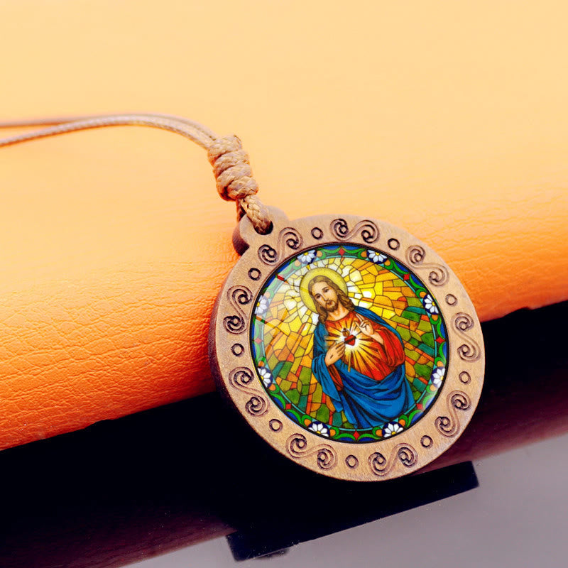Christianartworkshop Collana con ciondolo in legno con pietra preziosa del Sacro Cuore di Gesù - Gesù Sacro Cuore - image 0