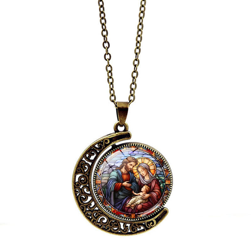 Collana con ciondolo a forma di luna rotante a doppia faccia della Sacra Famiglia di Gesù Christianartworkshop - Bronzo retrò - image 0