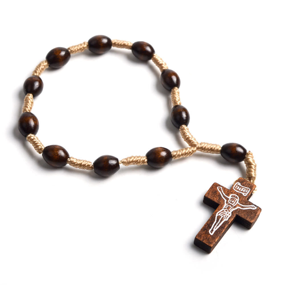 Mini rosario in legno massello per battesimo con dita incrociate - Caffè - image 0