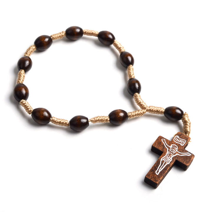 Mini rosario in legno massello per battesimo con dita incrociate - Caffè - image 0