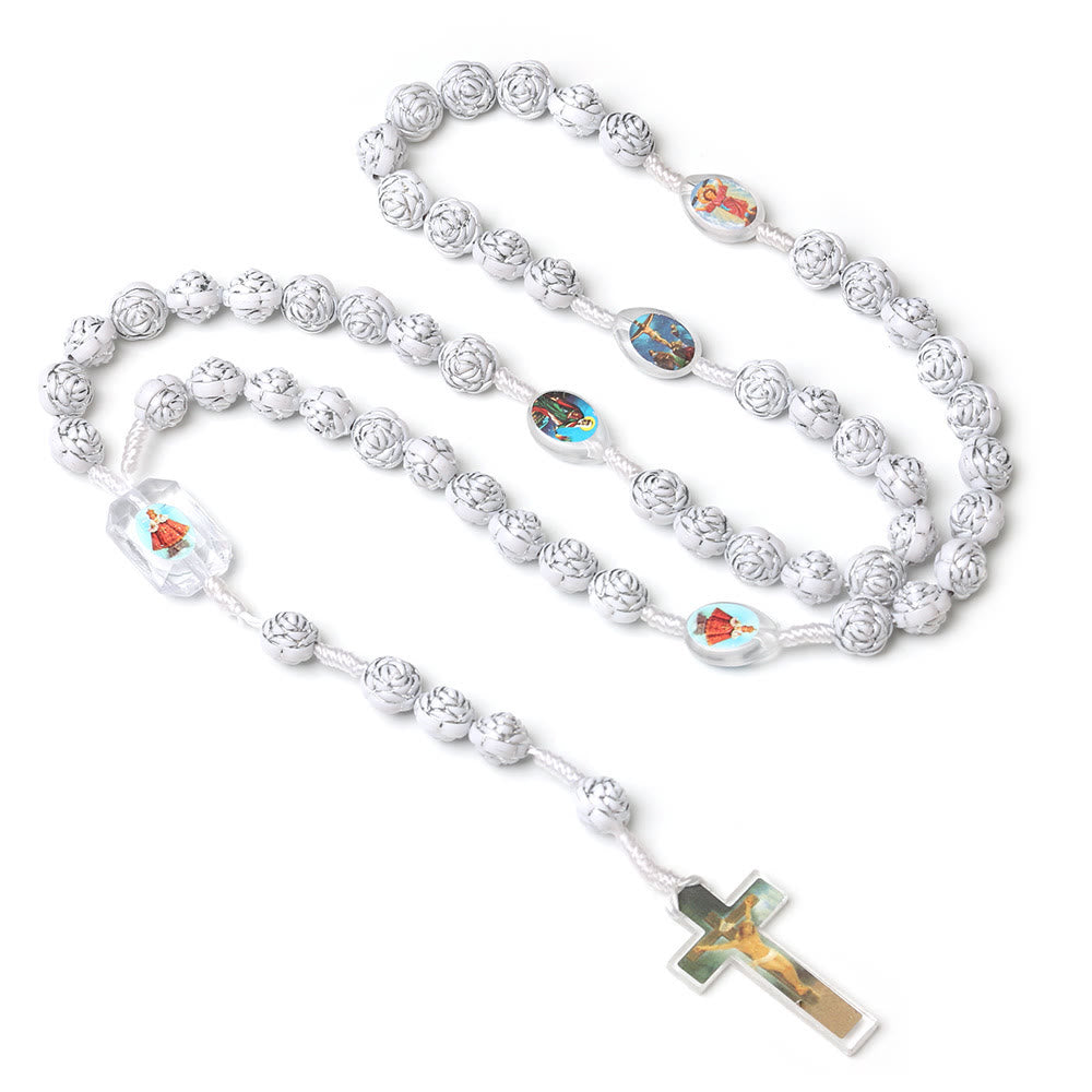 Rosario con preghiera di Cristo in argento bianco e perline a forma di rosa - image 1