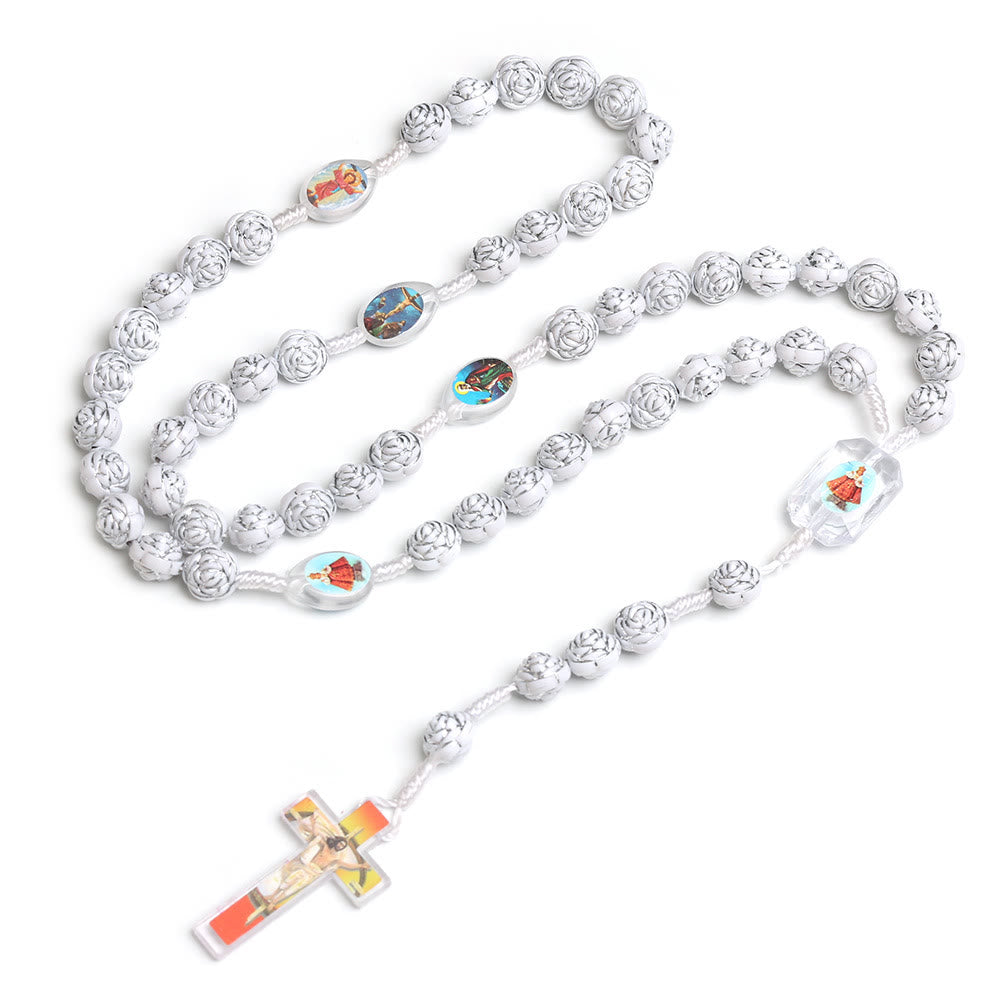 Rosario con preghiera di Cristo in argento bianco e perline a forma di rosa - Bianco - image 0