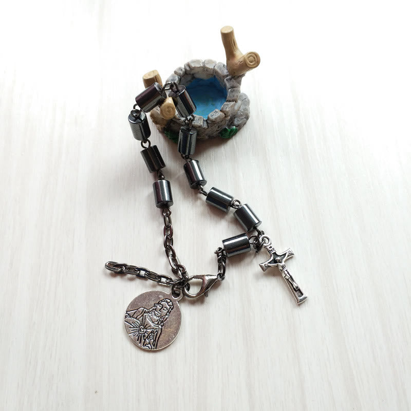 Christianartworkshop Braccialetto in ematite con cuore sacro di Gesù e crocifisso - image 2