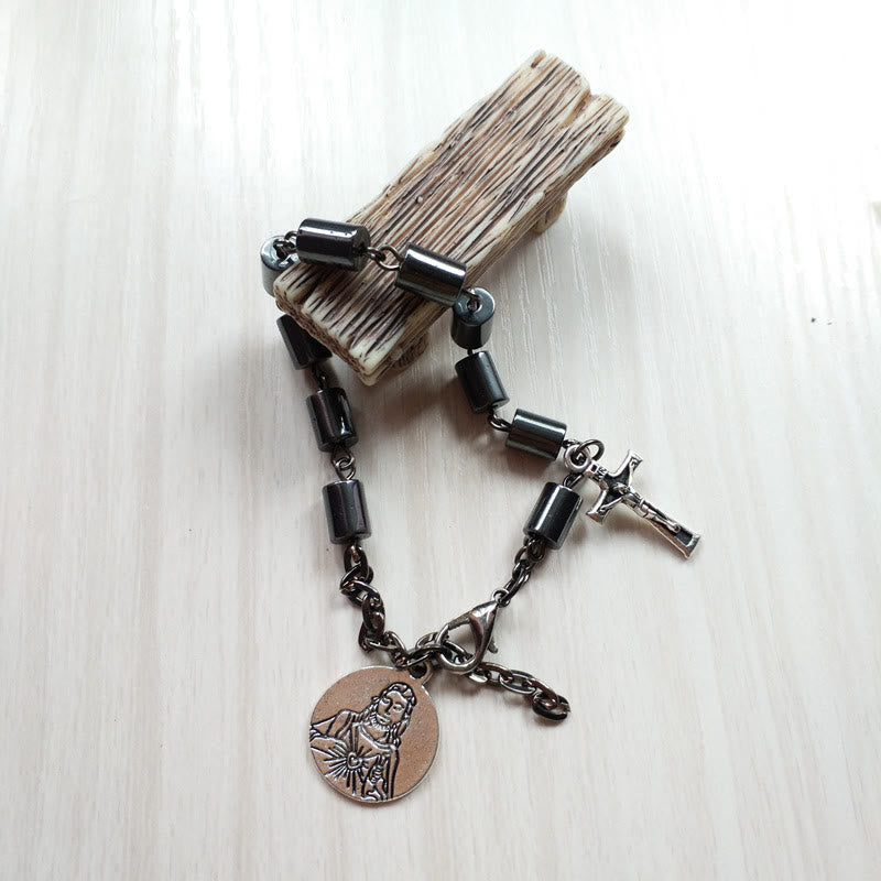 Christianartworkshop Braccialetto in ematite con cuore sacro di Gesù e crocifisso - image 1
