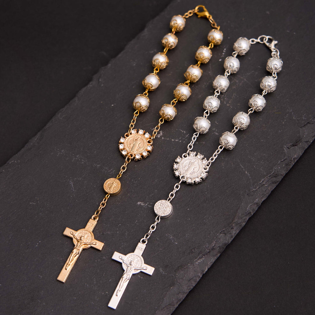 Rosario con perline di vetro cristiane, San Benedetto e la croce di Gesù - D'oro - image 0