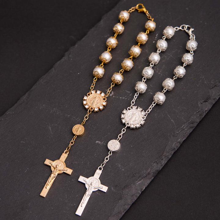 Rosario con perline di vetro cristiane, San Benedetto e la croce di Gesù - D'oro - image 0
