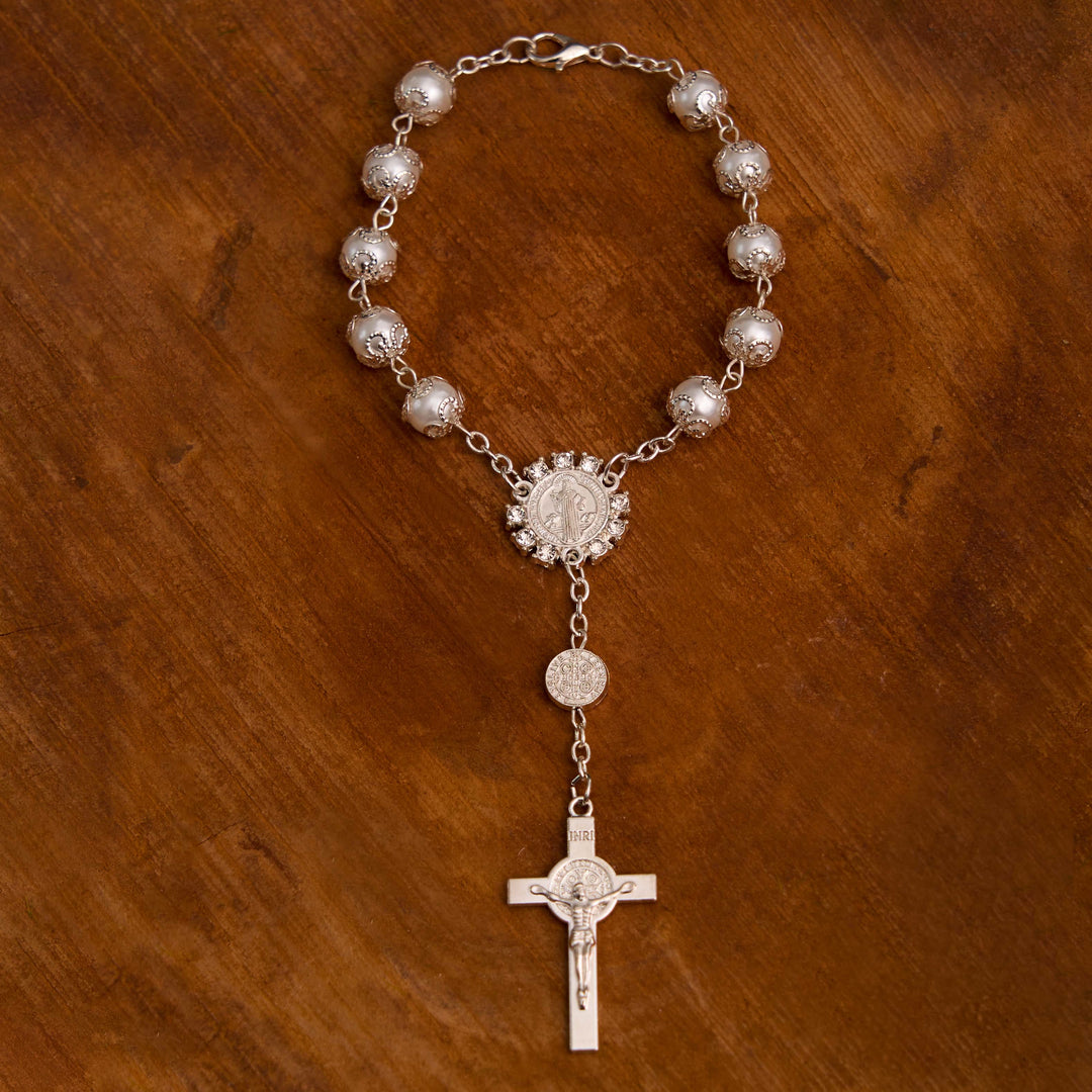 Rosario con perline di vetro cristiane, San Benedetto e la croce di Gesù - Argento - image 8