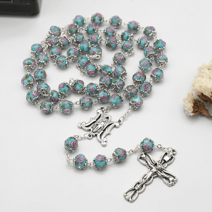 Rosario con perline di fiori di rosa in cristallo smaltato Christianartworkshop - image 7