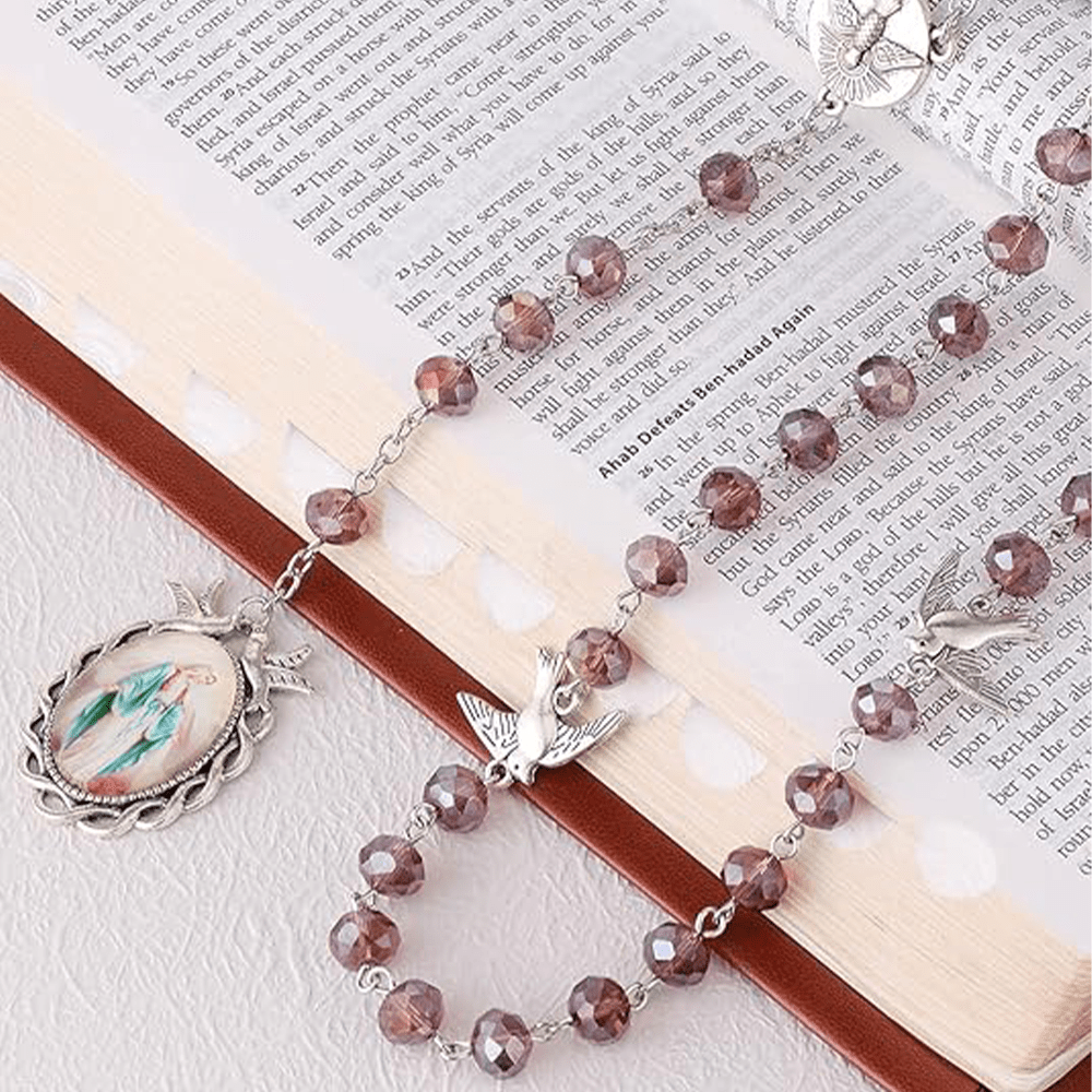 Christianartworkshop Rosario in lega di cristallo viola con catena in poliedro da 6*8 mm con Spirito Santo e Nostra Signora delle Grazie - image 8