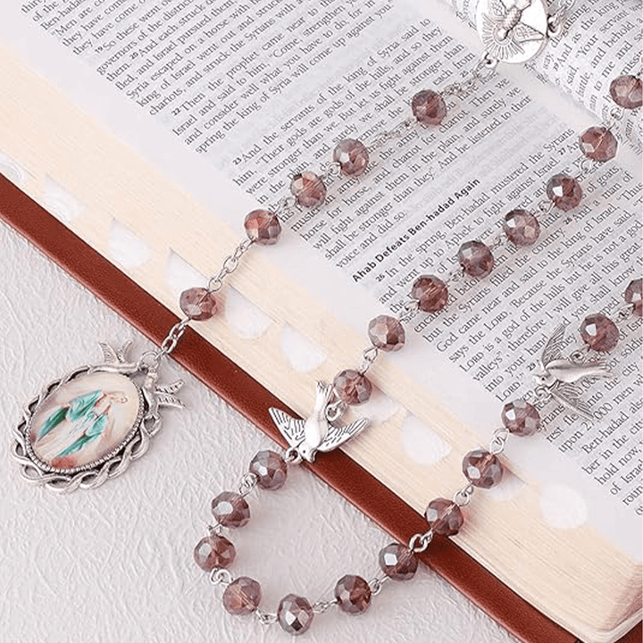 Christianartworkshop Rosario in lega di cristallo viola con catena in poliedro da 6*8 mm con Spirito Santo e Nostra Signora delle Grazie - image 8