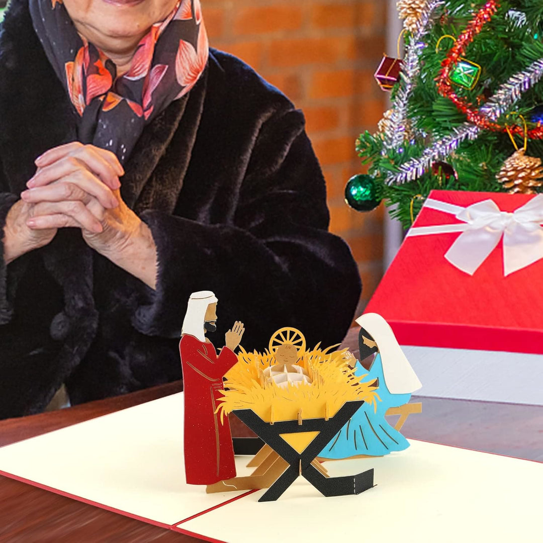 Biglietto di auguri con messaggio di benedizione in carta rossa 3D della Natività di Cristo - image 5