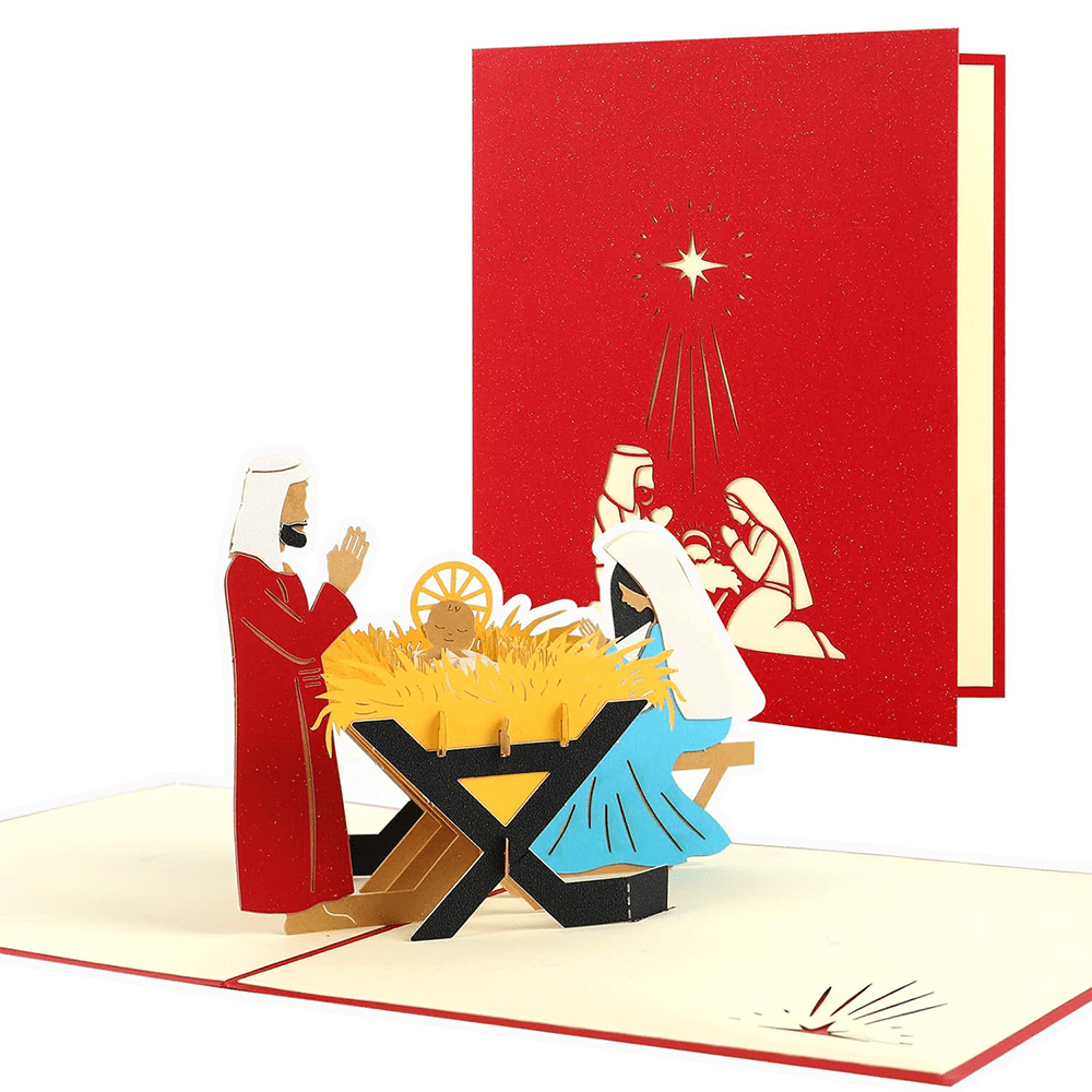 Biglietto di auguri con messaggio di benedizione in carta rossa 3D della Natività di Cristo - Rosso - image 0