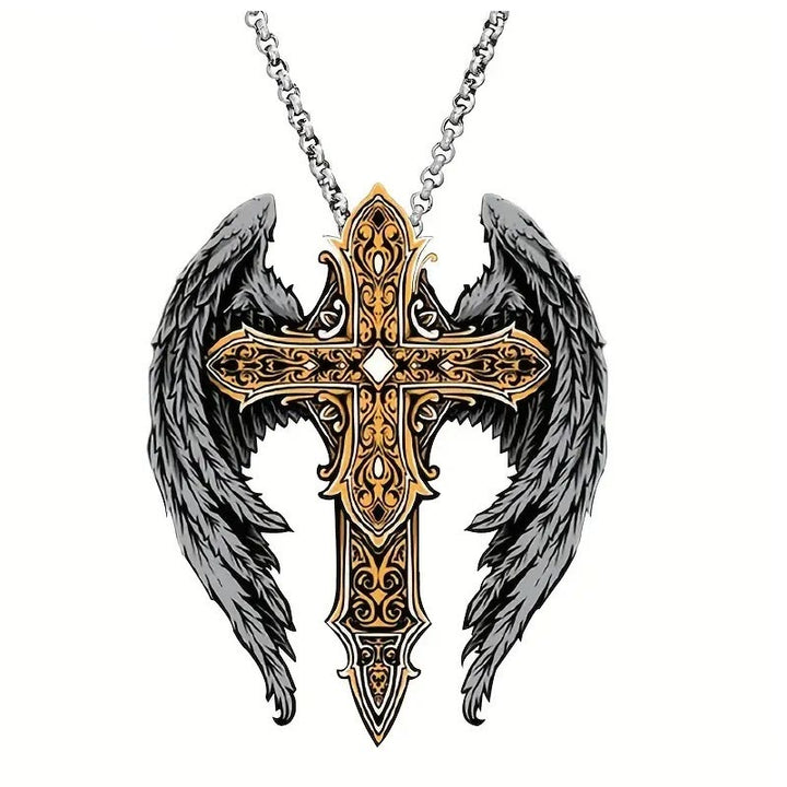 Collana in lega con ali di protezione in stile pesante e croce lavorata Christianartworkshop - Argento-oro - image 0