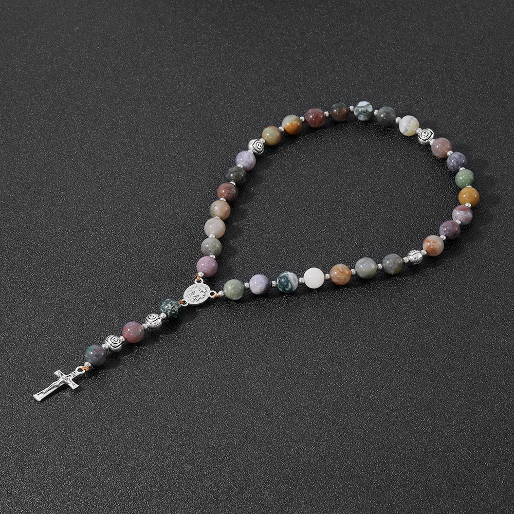 Christianartworkshop Rosario con medaglia miracolosa e crocifisso in corda di nylon con pietra multicolore rotonda da 8 mm - Agata indiana - image 0