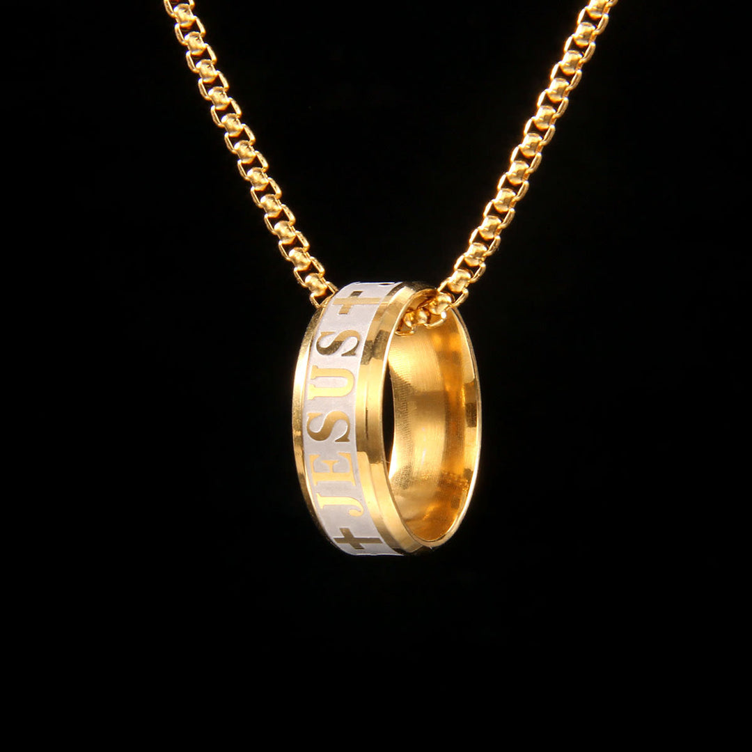 Collana con anello e catena "JESUS" in stile combinato con incisione laser Christianartworkshop - D'oro - image 0
