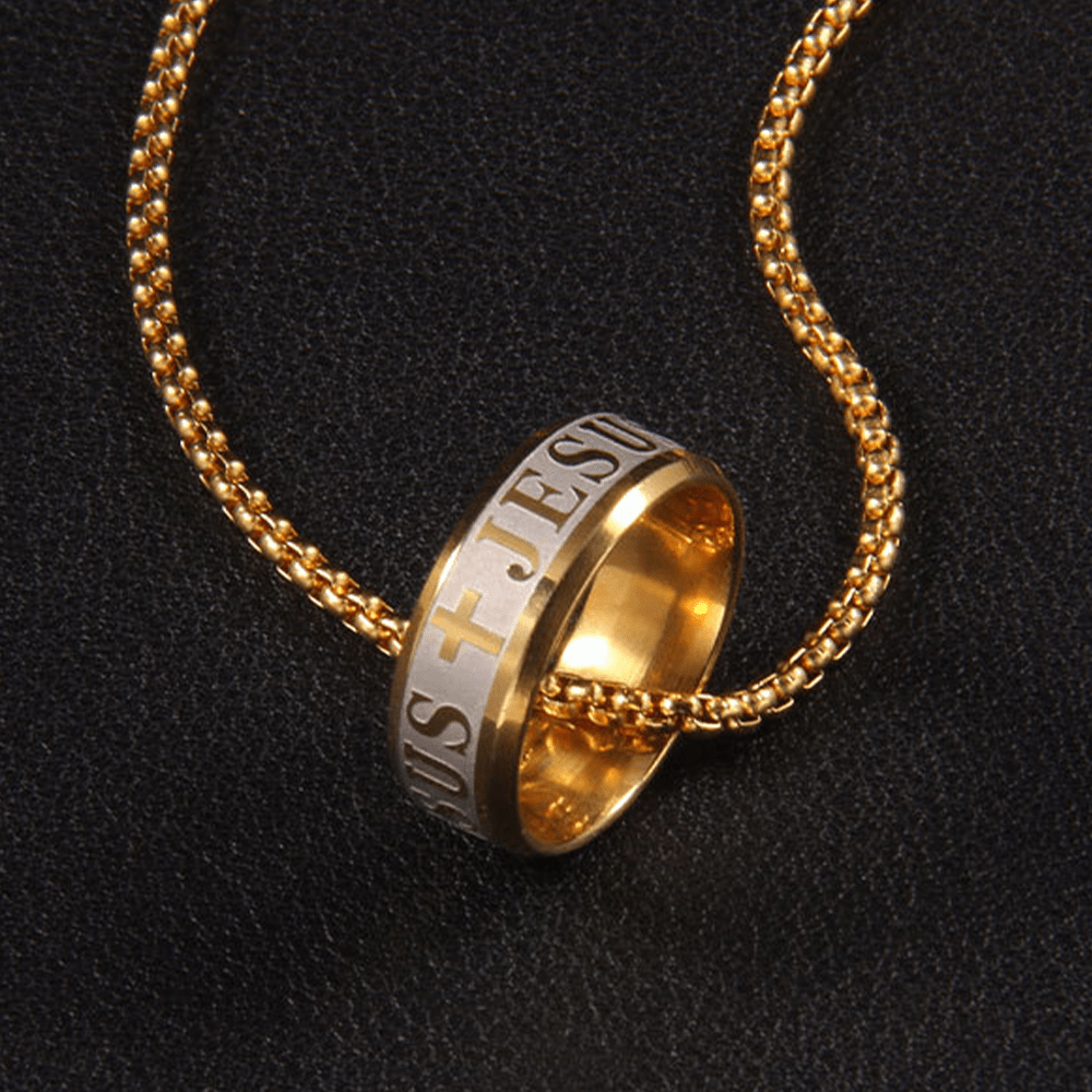 Collana con anello e catena "JESUS" in stile combinato con incisione laser Christianartworkshop - image 1